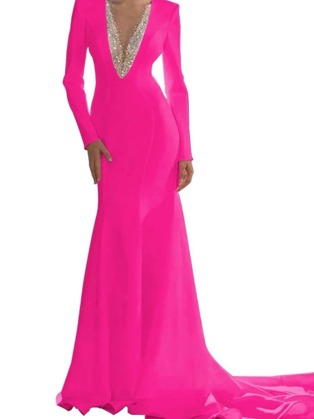 Elegant Hot Pink Deep-V Evening Gown